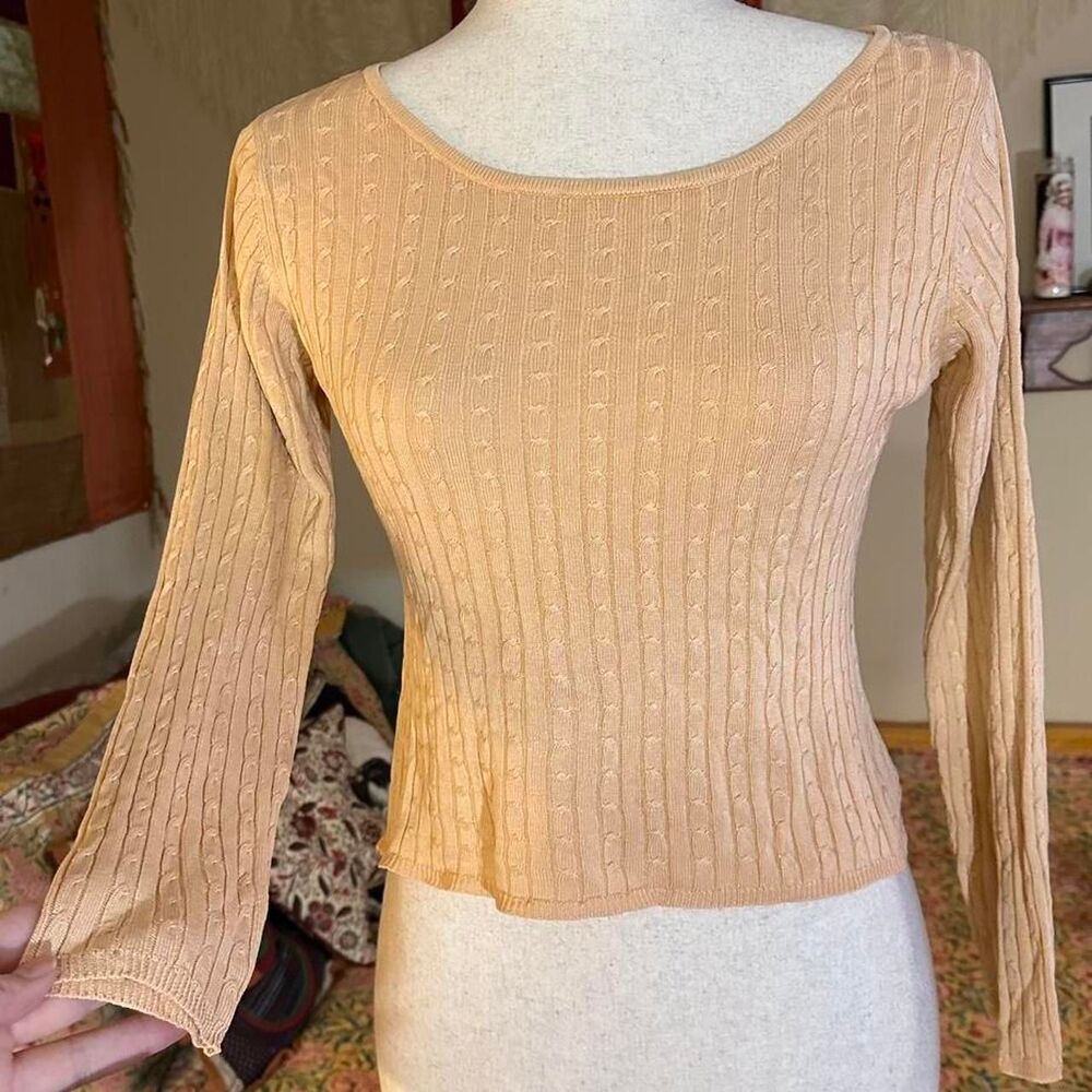 90s Dandy Silk Peach Yellow Cable Knit Long Sleeve